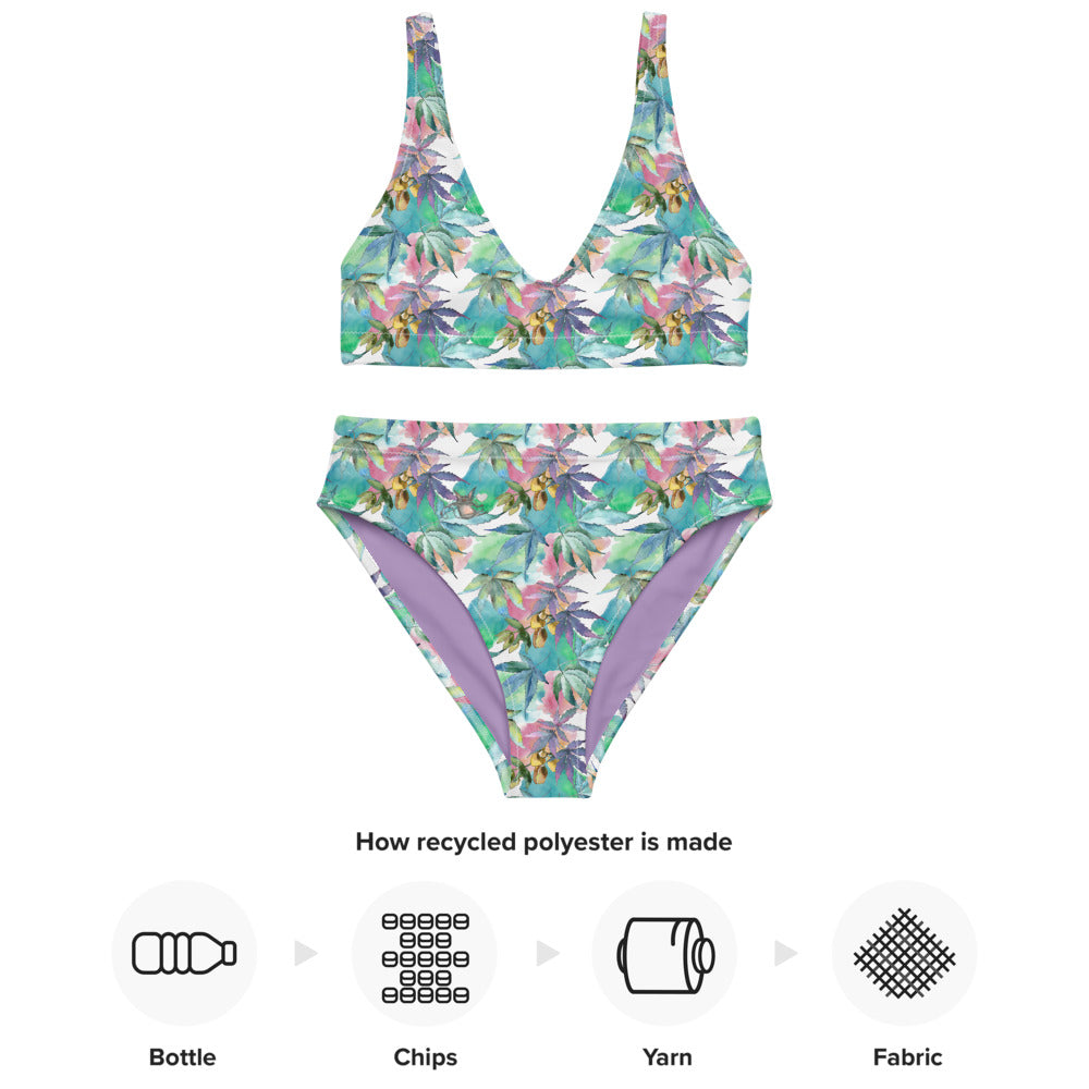 Watercolor Cannabis Recycled High-Waisted Bikini
