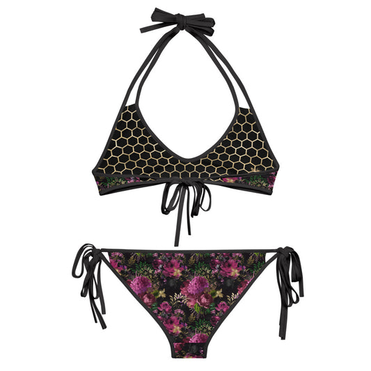 Black and Gold Honeycomb with Roses - Reversible String Bikini - Top and Bottom