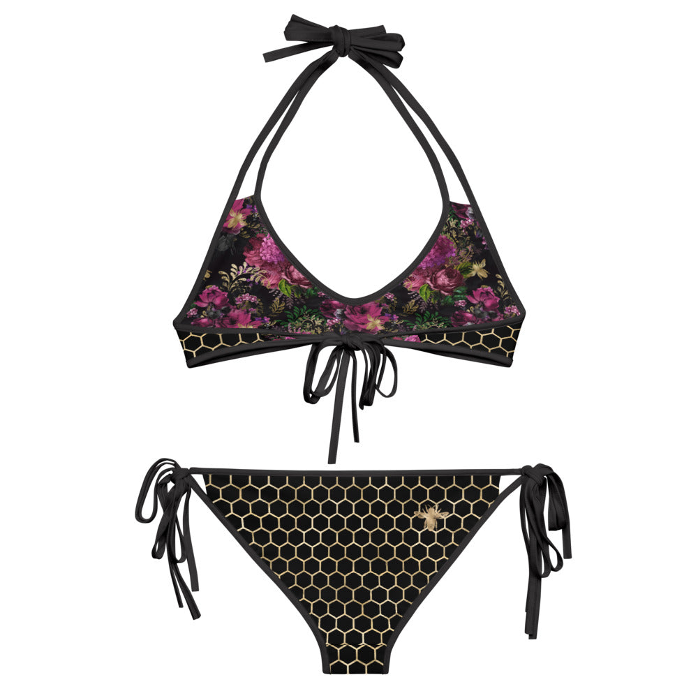 Black and Gold Honeycomb with Roses - Reversible String Bikini - Top and Bottom