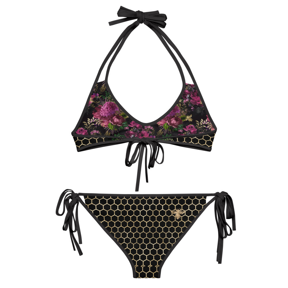 Black and Gold Honeycomb with Roses - Reversible String Bikini - Top and Bottom