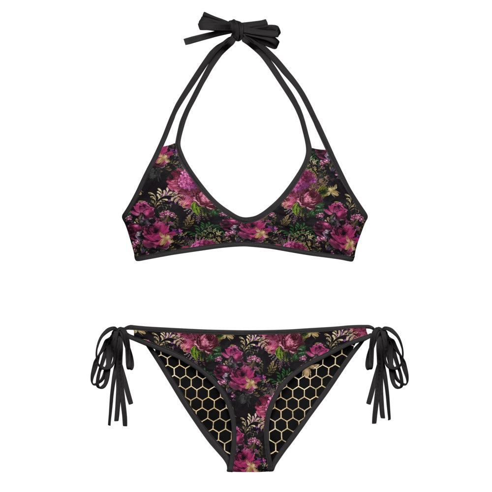 Black and Gold Honeycomb with Roses - Reversible String Bikini - Top and Bottom