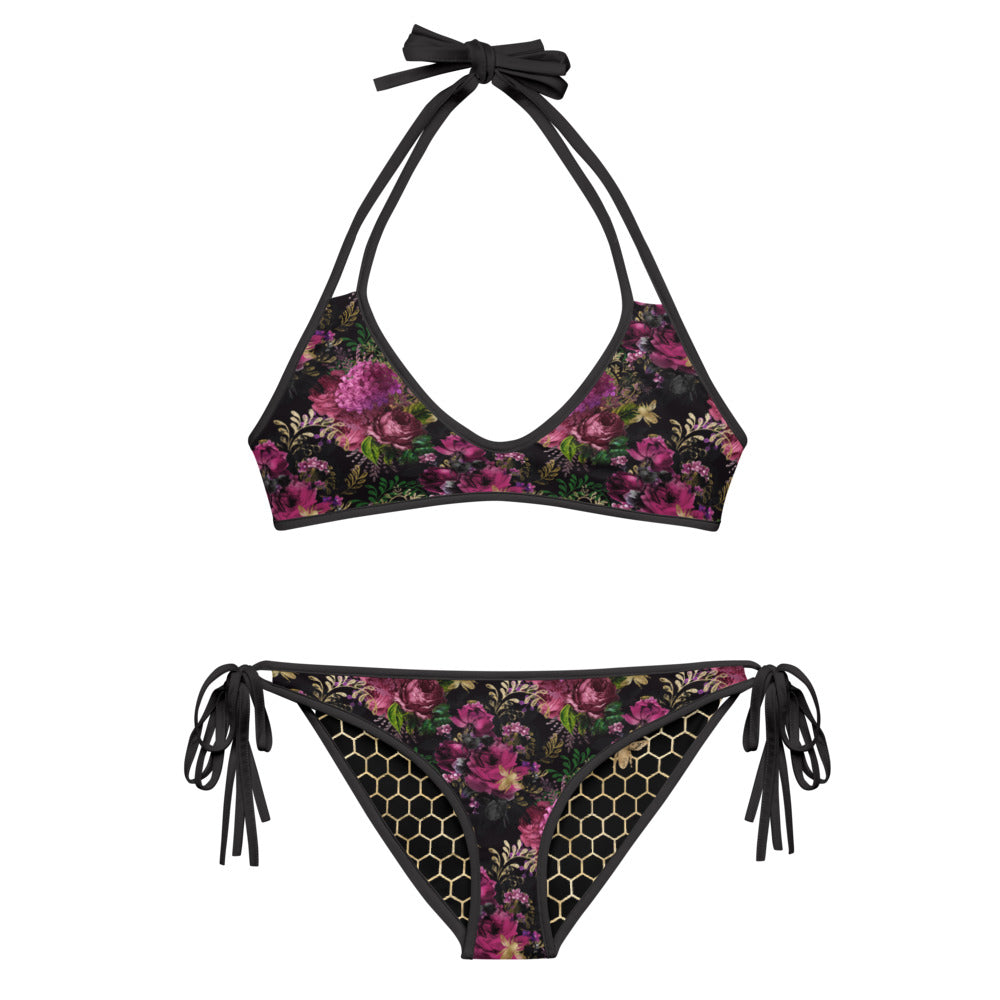Black and Gold Honeycomb with Roses - Reversible String Bikini - Top and Bottom