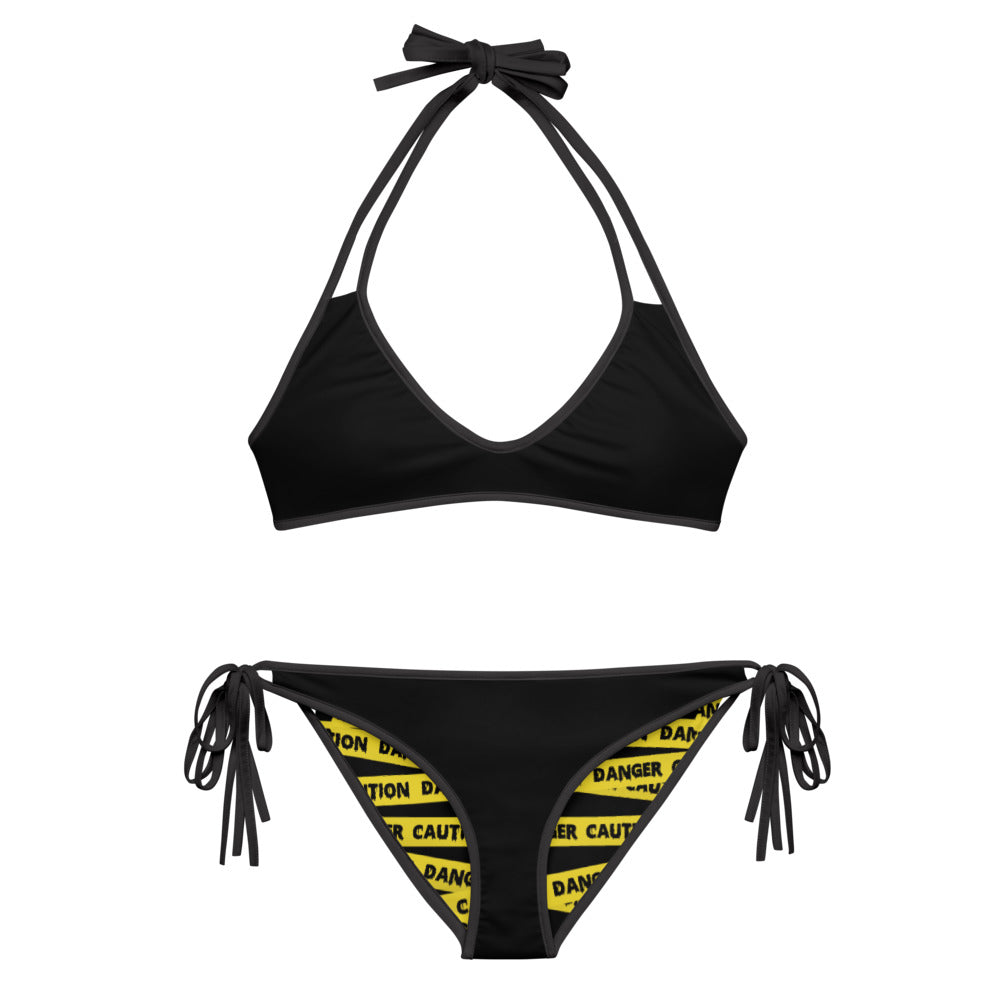 Caution Tape Print Reversible String Bikini Set