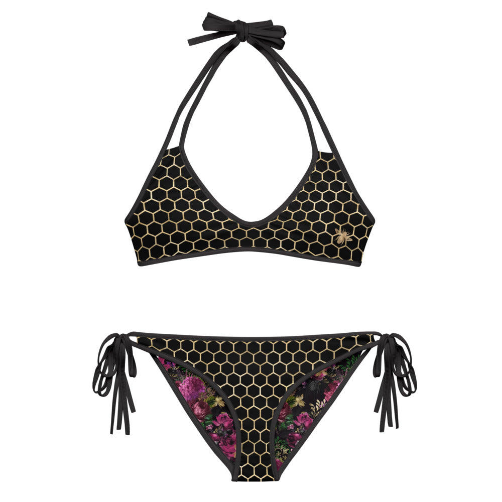 Black and Gold Honeycomb with Roses - Reversible String Bikini - Top and Bottom