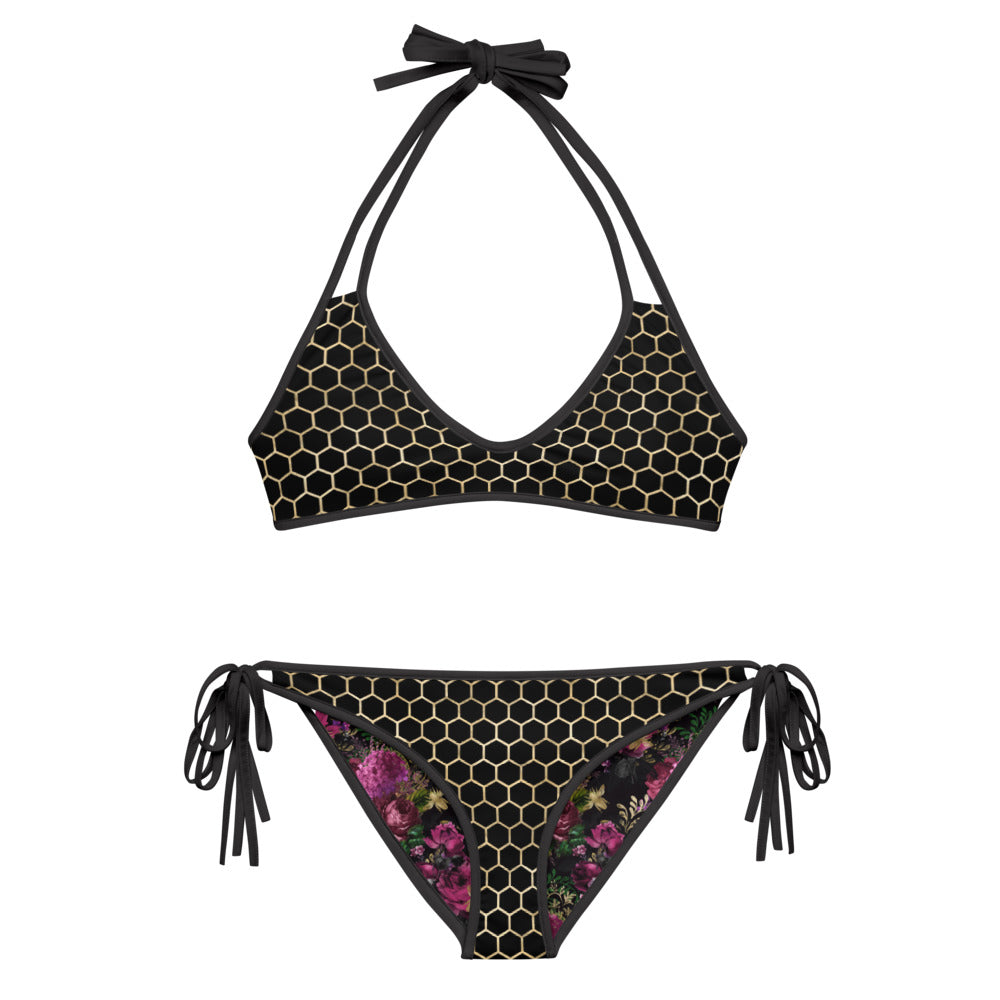 Black and Gold Honeycomb with Roses - Reversible String Bikini - Top and Bottom