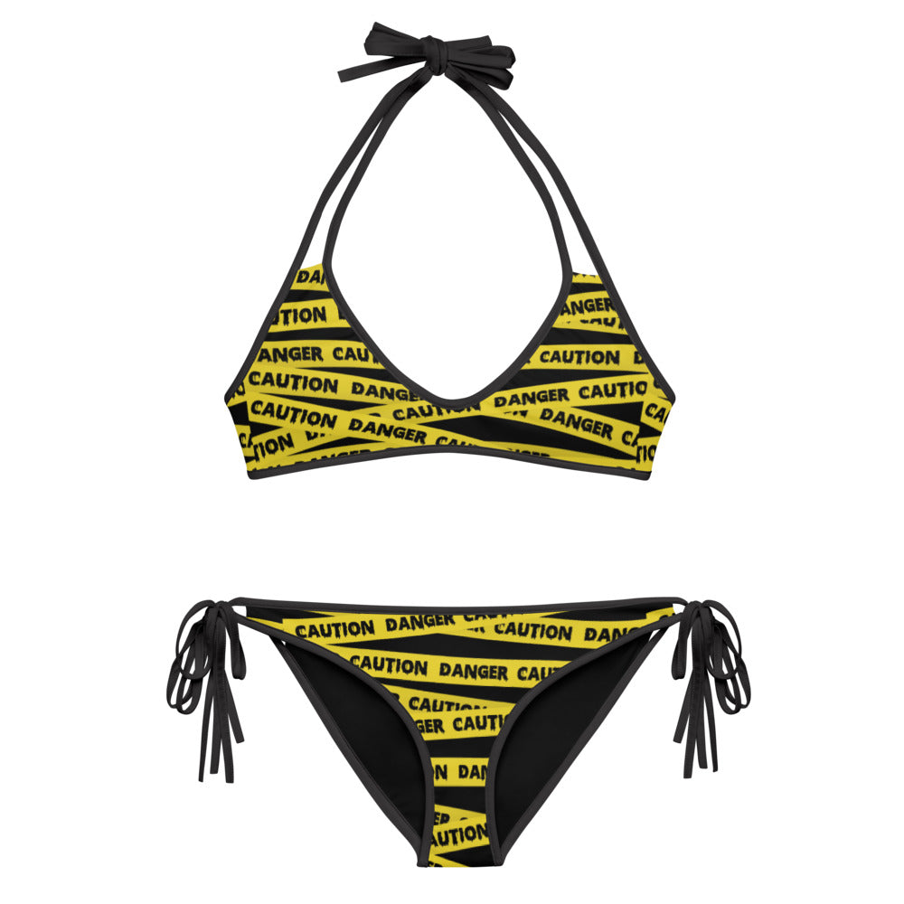 Caution Tape Print Reversible String Bikini Set