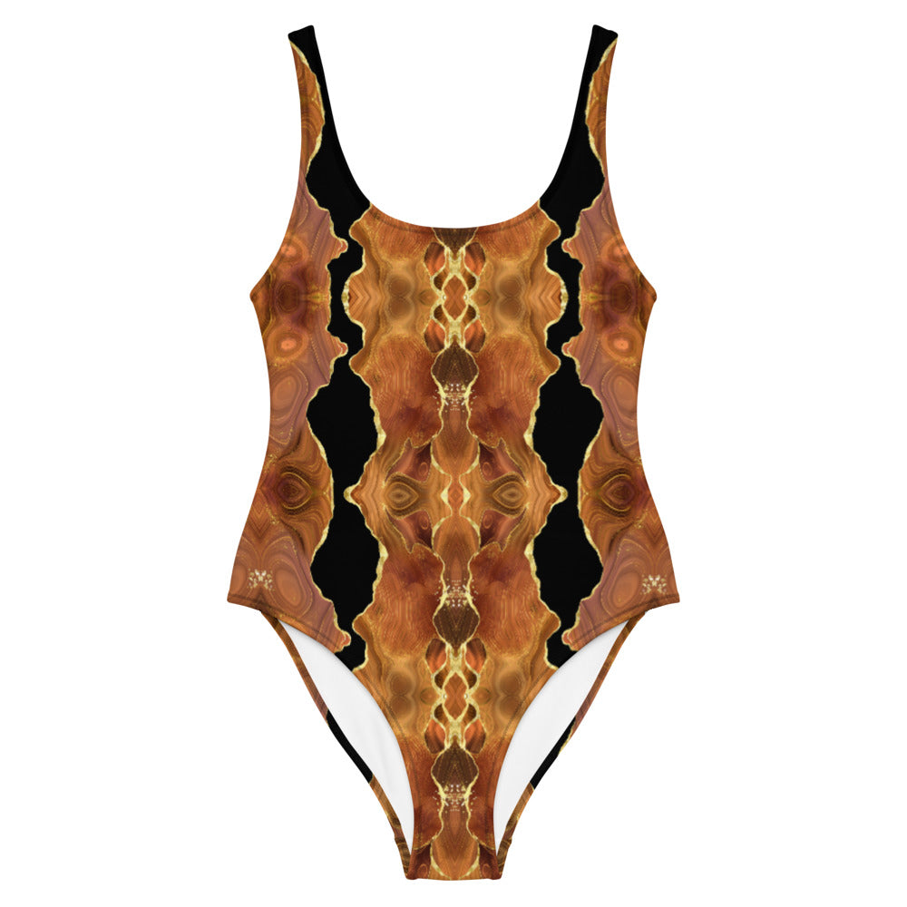 One Piece Swimsuit - Black x Brown Agate (kaleidoscope)