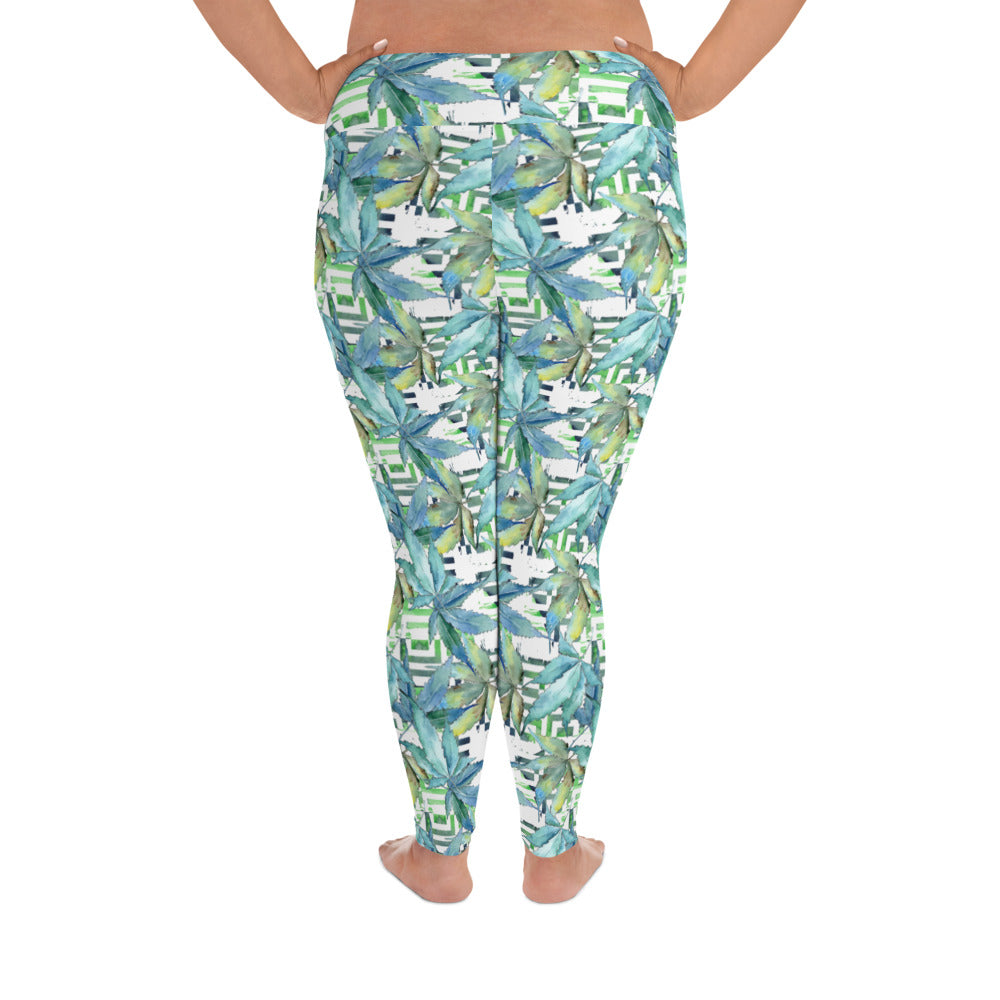 Blue Cannabis Print Leggings (2XL-6XL)