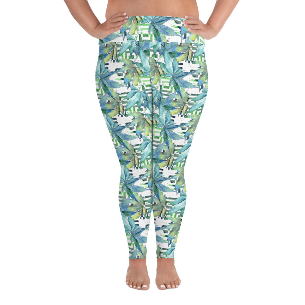 Blue Cannabis Print Leggings (2XL-6XL)