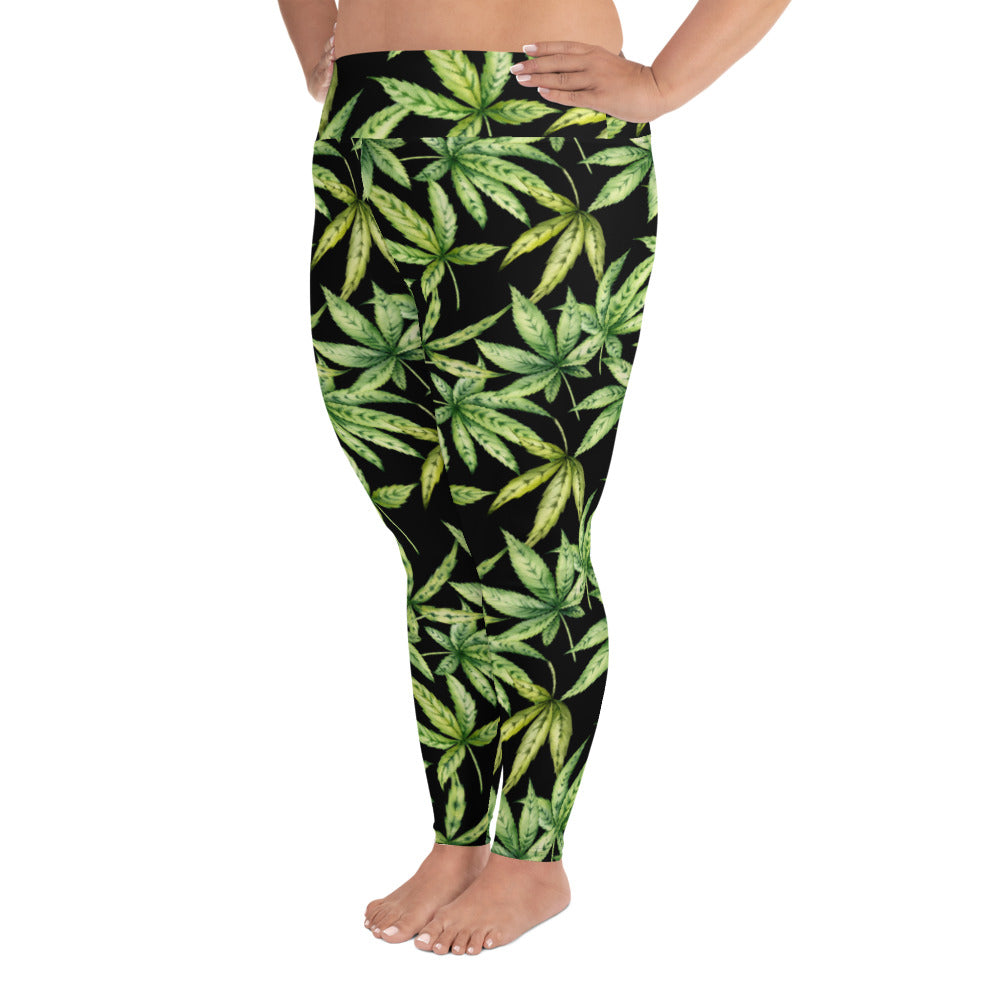 Green Cannabis Leaf Print Leggings (2XL-6XL)