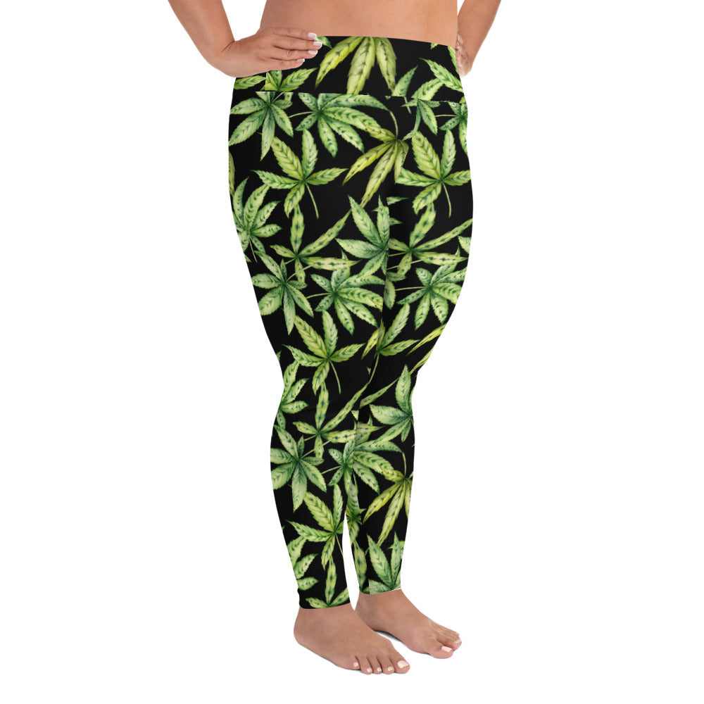 Green Cannabis Leaf Print Leggings (2XL-6XL)
