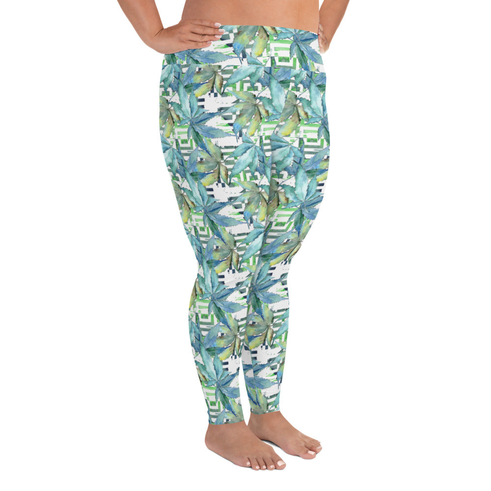 Blue Cannabis Print Leggings (2XL-6XL)