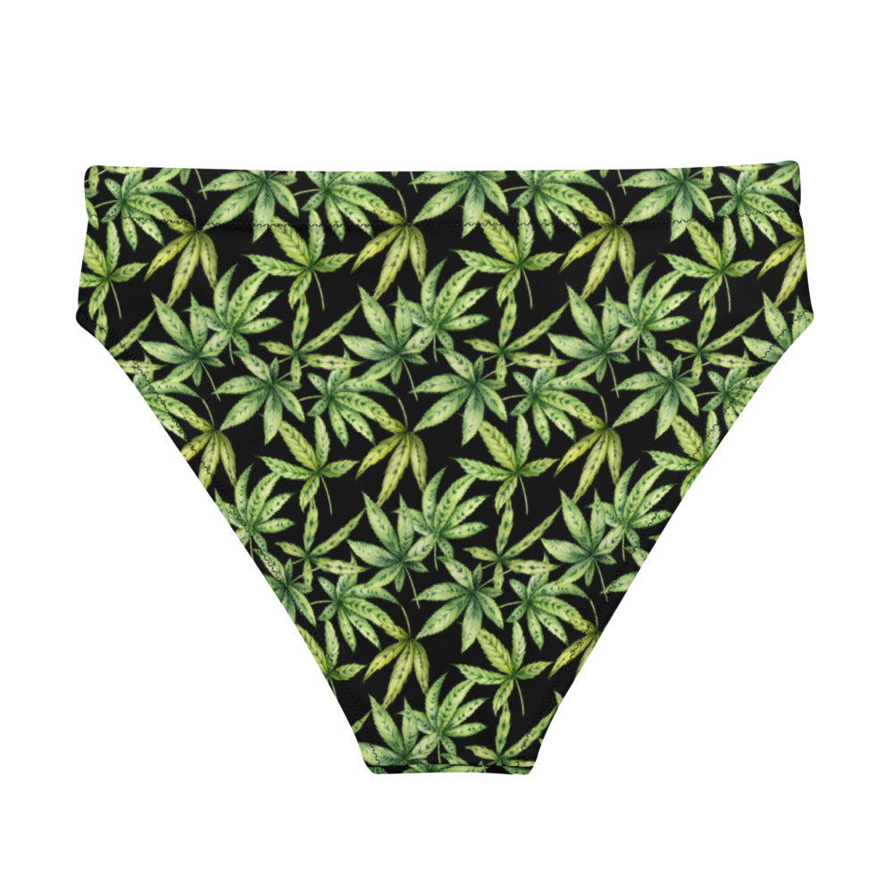Recycled high-waisted bikini bottom - Cannabis Leaf print
