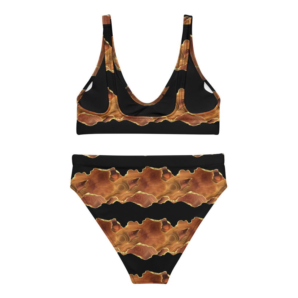 Recycled high-waisted bikini - Black x Brown Agate Stripe