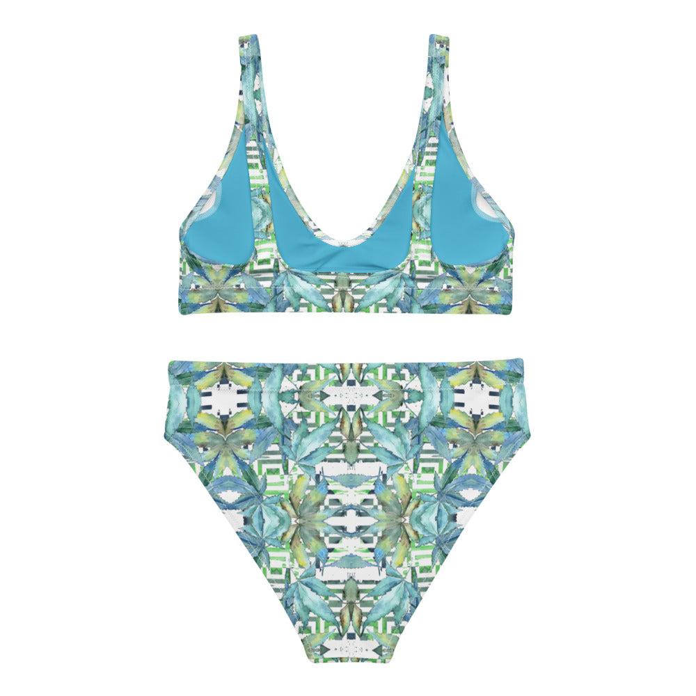 Recycled high-waisted bikini - Blue Cannabis Leaf Print 2