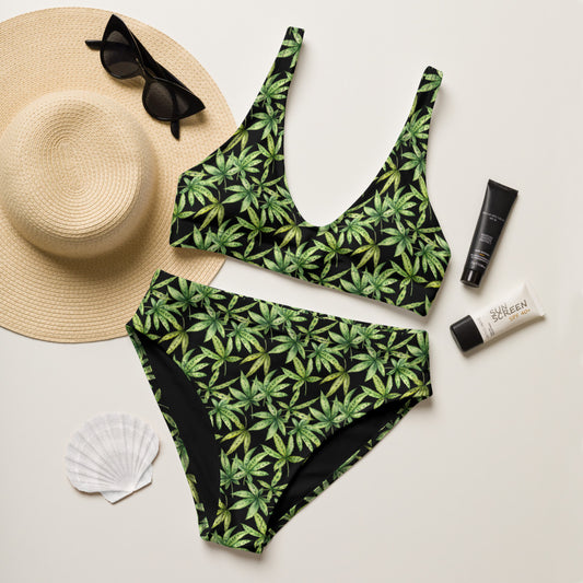 Recycled high-waisted bikini - Cannabis Leaf print