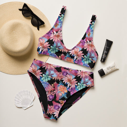Recycled high-waisted bikini - Cactus Flower print