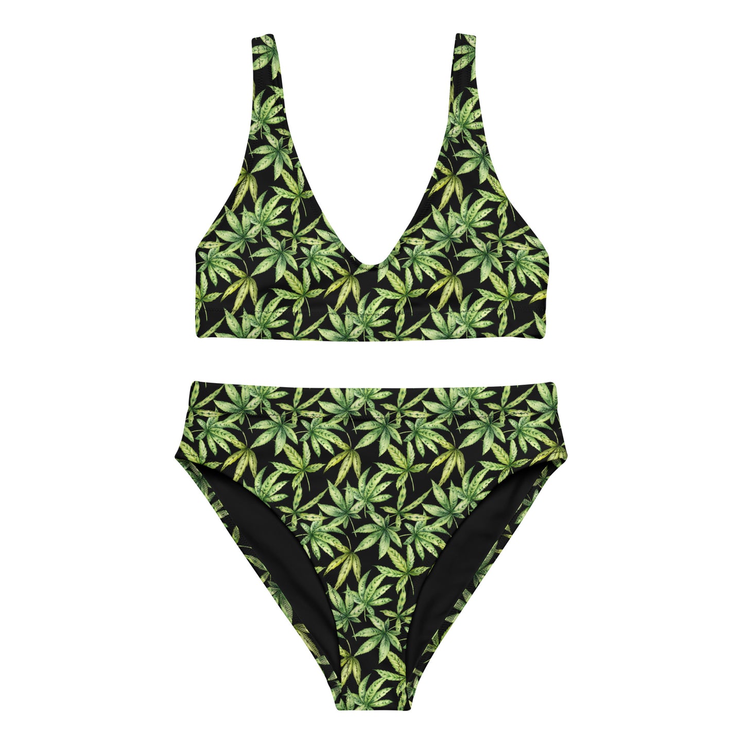 Recycled high-waisted bikini - Cannabis Leaf print