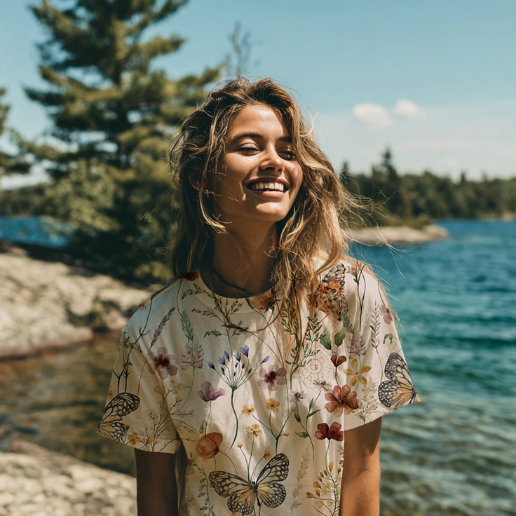 Woman standing by a lake with trees in the background