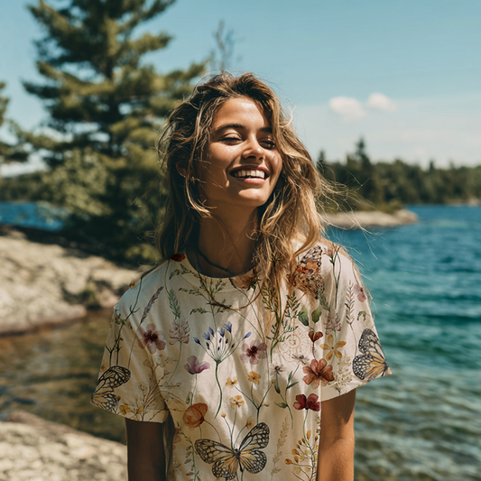 Woman standing by a lake with trees in the background