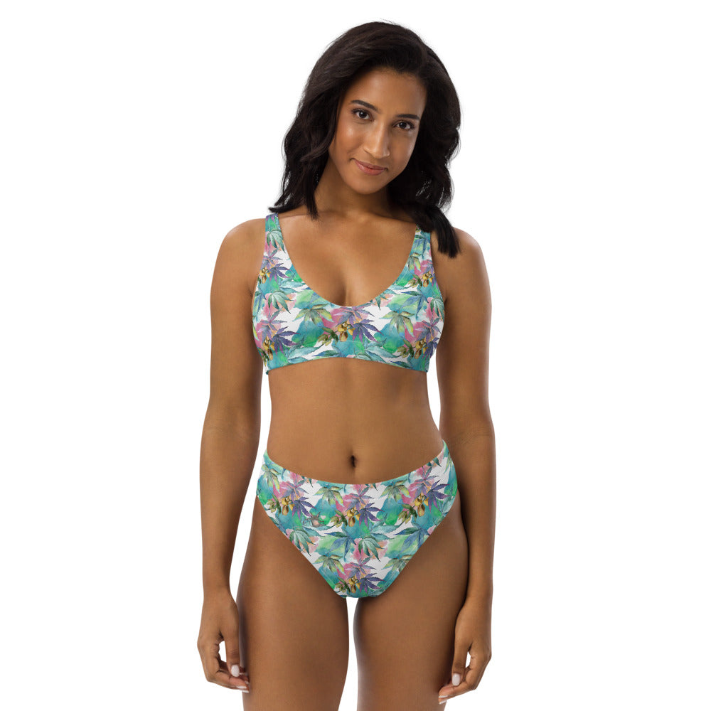 Watercolor Cannabis Recycled High-Waisted Bikini