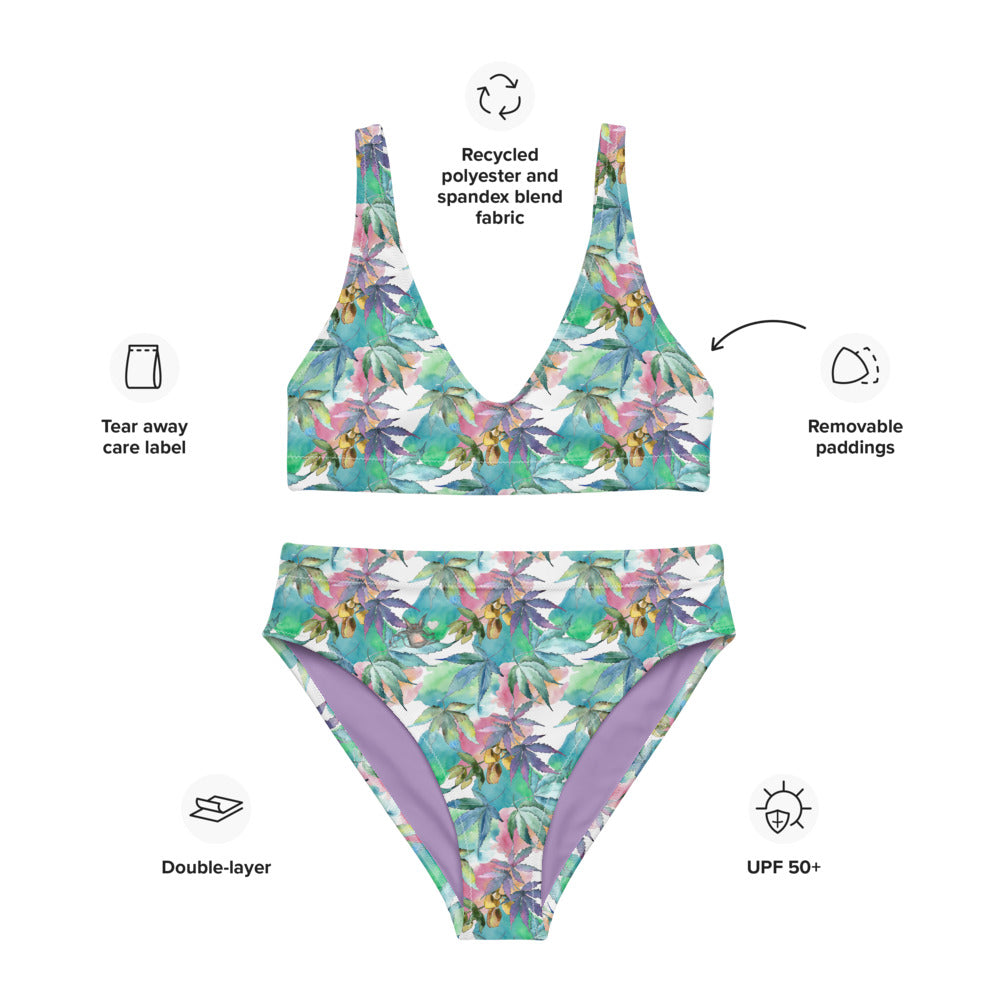 Watercolor Cannabis Recycled High-Waisted Bikini