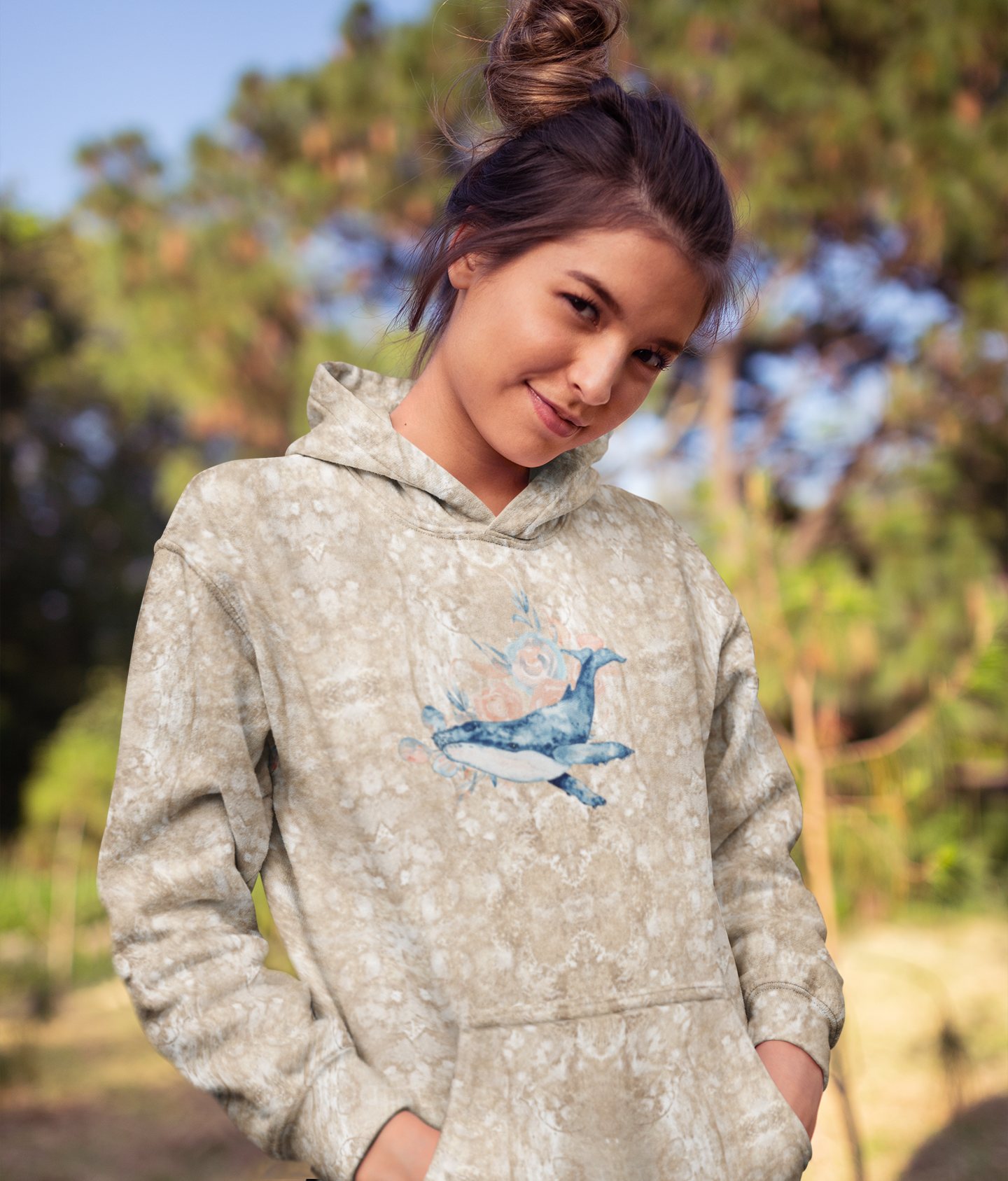 Sea Life - Whale Print Fleece Lined Hoodie (Sand)