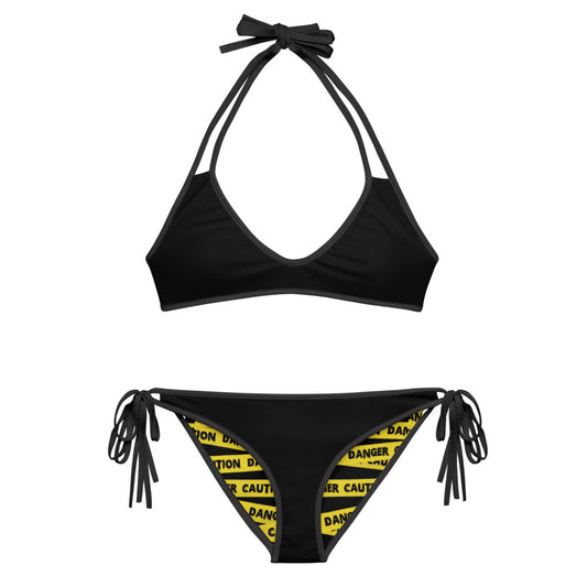 Caution Tape Print Reversible String Bikini Set