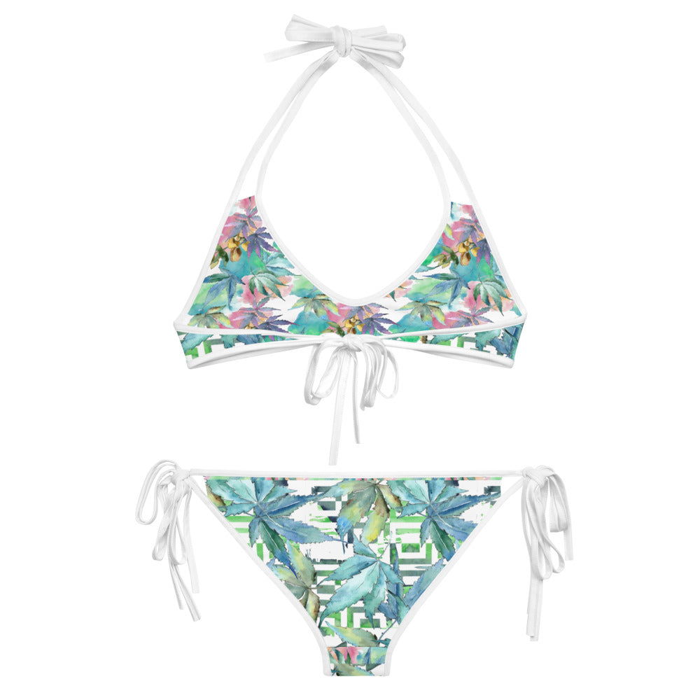 Blue Cannabis Leaf Reversible String Bikini