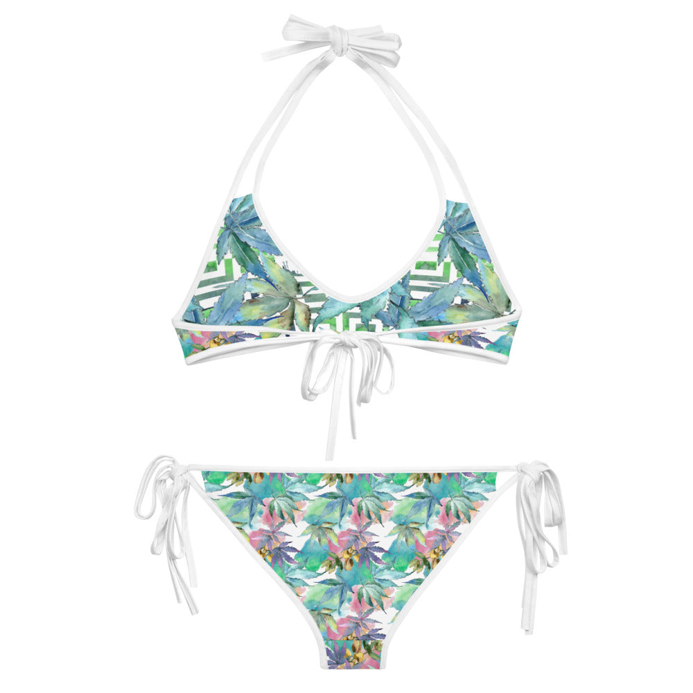 Blue Cannabis Leaf Reversible String Bikini