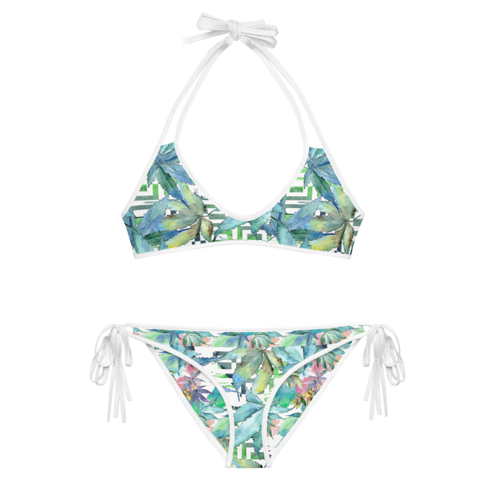 Blue Cannabis Leaf Reversible String Bikini