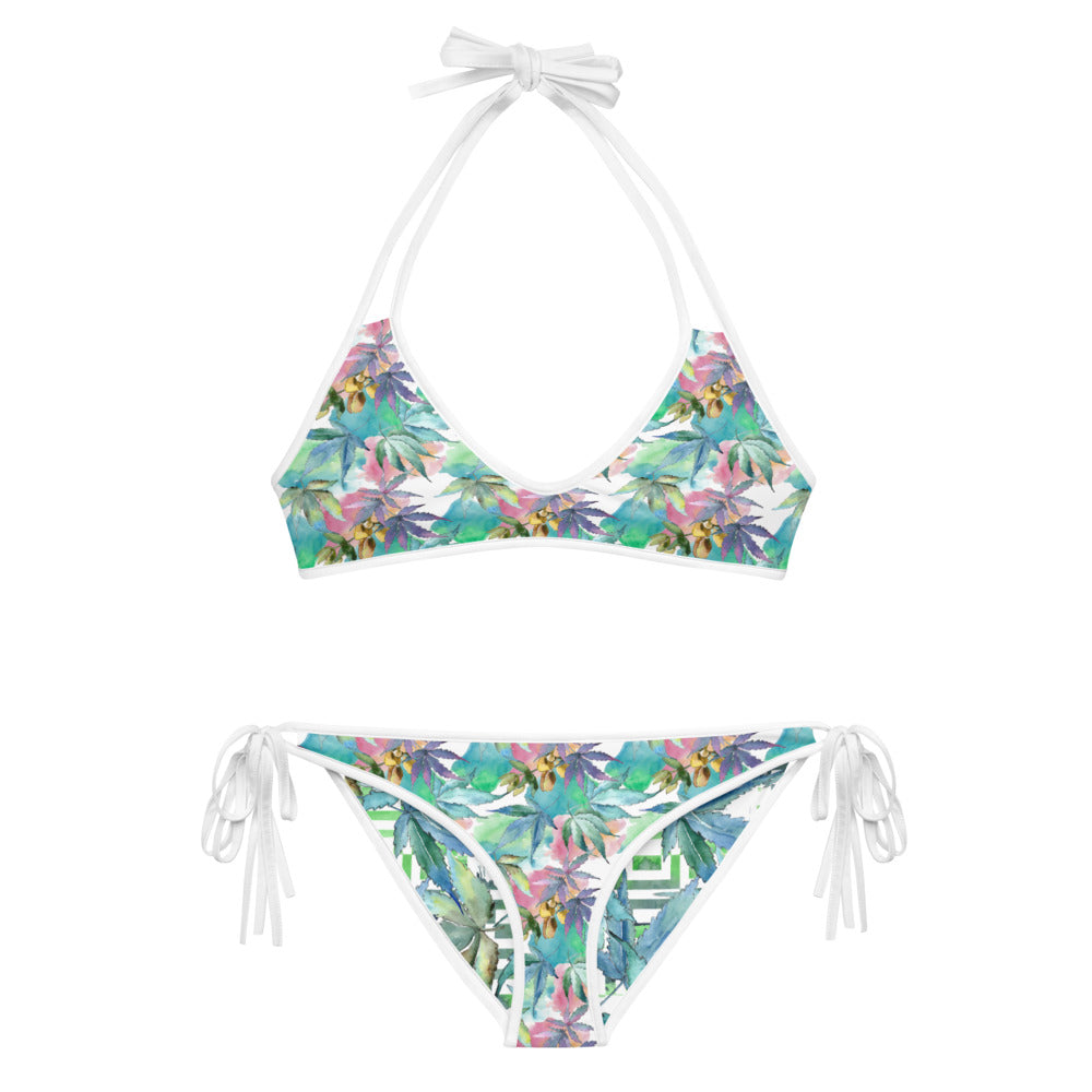 Blue Cannabis Leaf Reversible String Bikini