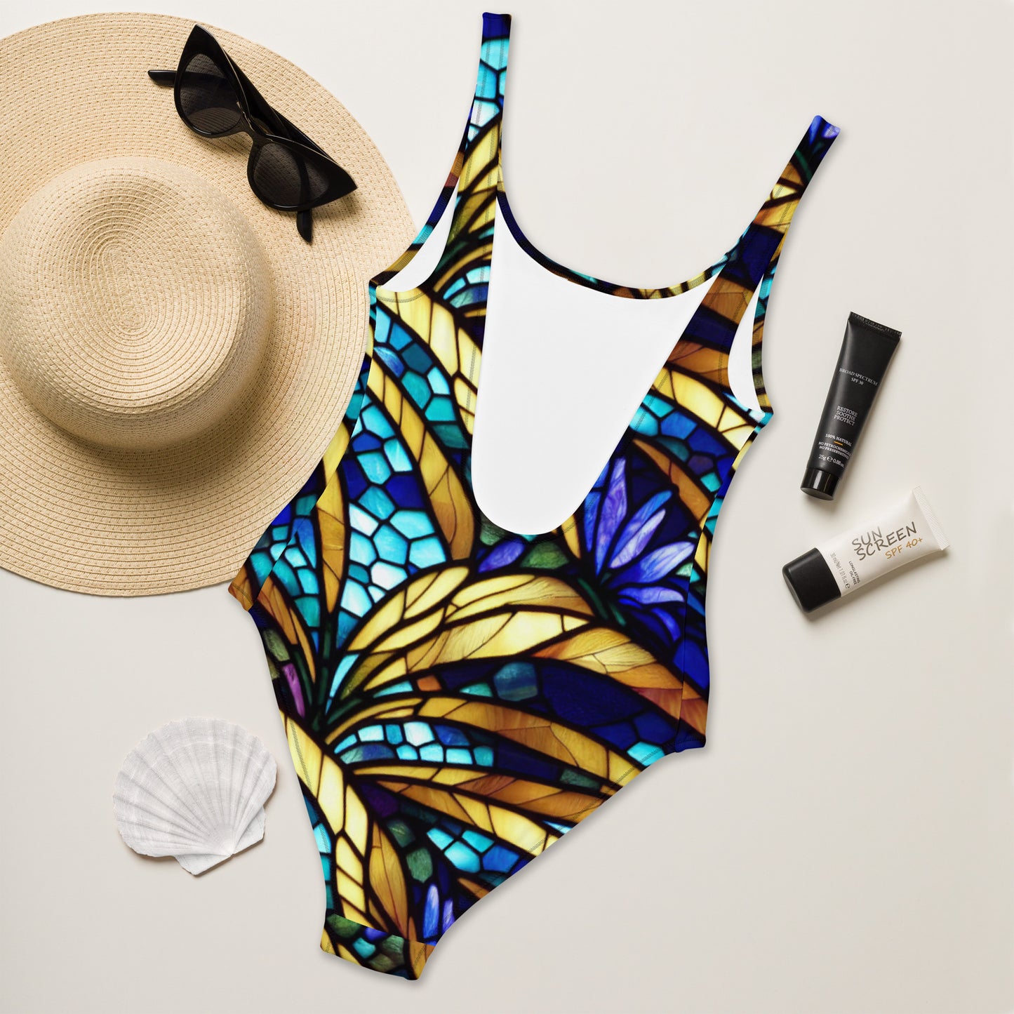 Blue and Gold Sea Glass One-Piece Swimsuit