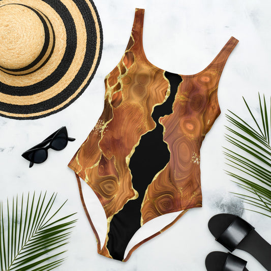 One Piece Swimsuit - Black x Brown Agate