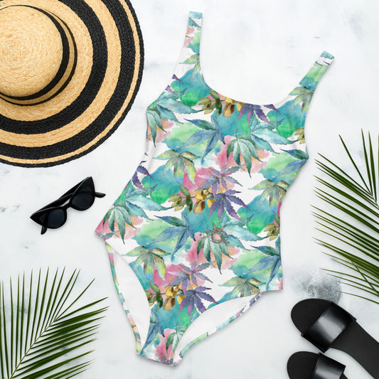 Watercolor Cannabis One-Piece Swimsuit