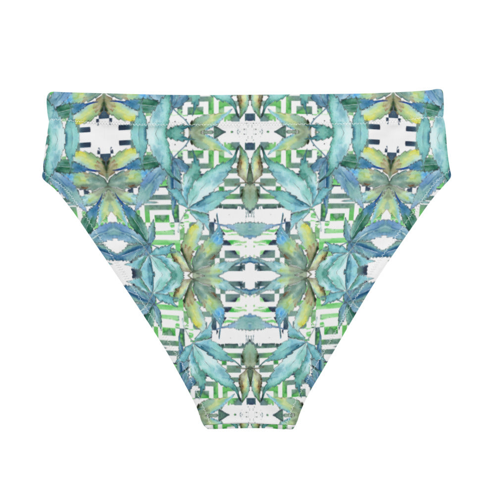 Recycled high-waisted bikini bottom - Blue Cannabis Leaf 2