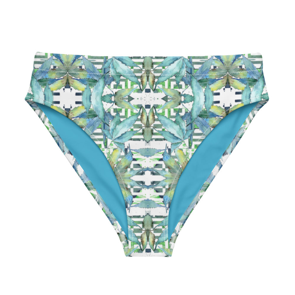 Recycled high-waisted bikini bottom - Blue Cannabis Leaf 2