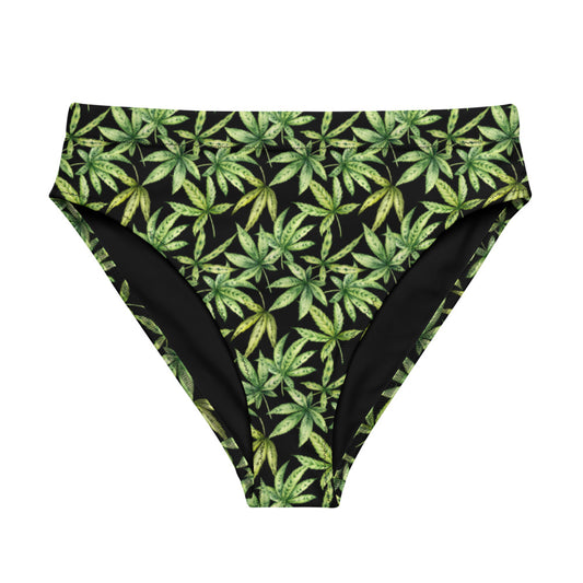 Recycled high-waisted bikini bottom - Cannabis Leaf print