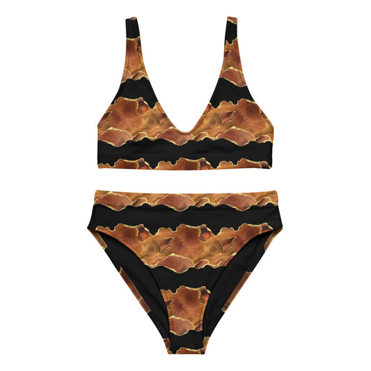 Recycled high-waisted bikini - Black x Brown Agate Stripe