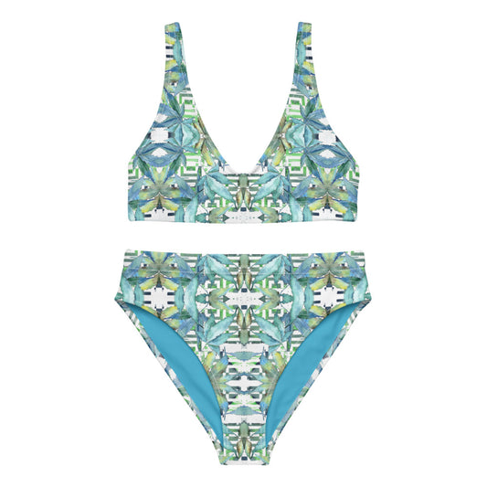 Recycled high-waisted bikini - Blue Cannabis Leaf Print 2