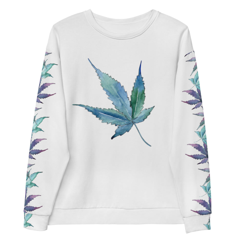 Blue Cannabis Leaf Print Unisex Crew Neck Sweatshirt